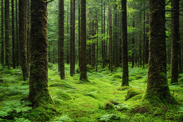 Obraz premium A dense green forest with tall moss-covered trees and a lush fern-covered floor creating a vibrant and peaceful natural atmosphere 