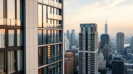 Fototapeta premium A modern, sleek apartment unit highlighted against the backdrop of a luxury condo building, high-rise, upscale