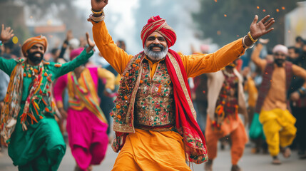 Naklejka premium Lohri, Makarsakranti, Indian Festival, Indian Man Dancing Joyfully in Traditional Attire with Friends