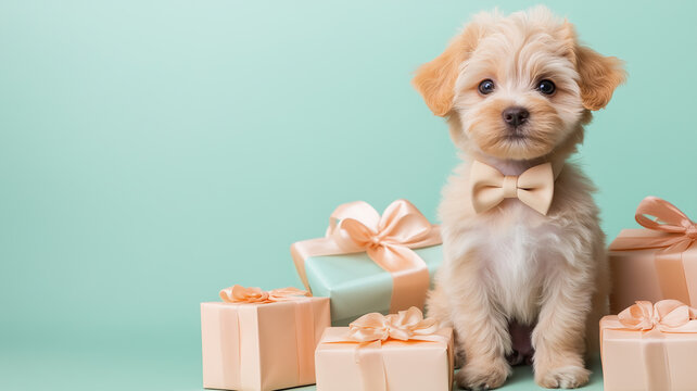 ギフトボックスに囲まれたリボン付きの子犬