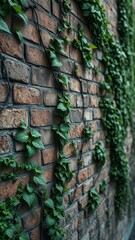 A close-up shot of a worn and weathered brick wall with vines growing on it , decay, patina