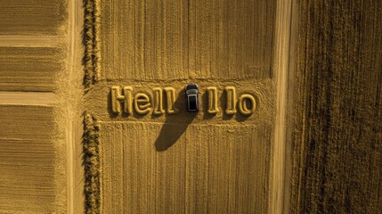 Aerial view of "Hello" spelled in a harvested field with a car.