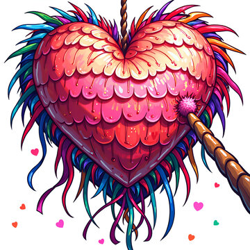 Vibrant heart shaped pi ata with colorful accents and a stick ready to break it, digital art of fantasy concept.