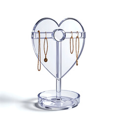 Charming heart shaped jewelry stand displaying delicate gold chains and earrings, photography of still life concept.