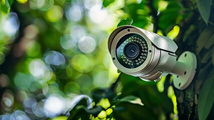 Modern security camera mounted on a tree, actively monitoring the surrounding area while blending seamlessly into the blurred green foliage, enhancing safety and surveillance efforts