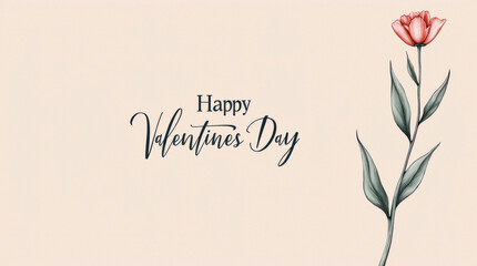 Valentine's Day greeting with elegant script text and a red tulip on a beige background, symbolizing love and romance