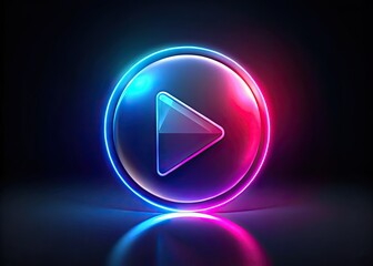 Fototapeta premium Abstract art: Pink, red, blue gradient backdrop with a vibrant, glowing play button.
