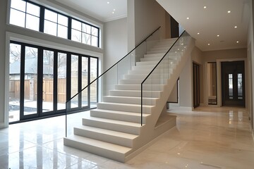 Obraz premium A contemporary open staircase featuring clean lines, glass railings, and a floating design, leading to a spacious luxury home with modern finishes.