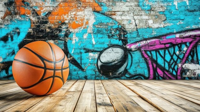Basketball on wooden floor against graffiti wall.
