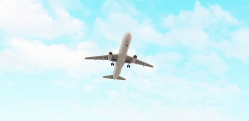 ULTRA HD. Airplane flies in blue sky. Travel, tourism. Airplane takes off against the background of blue sky.	