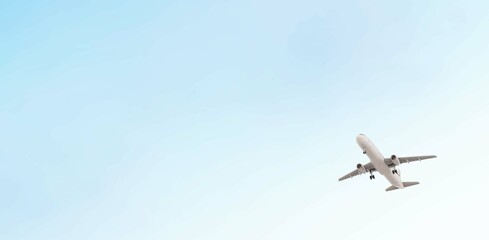 Airplane flies in blue sky. Travel, tourism. Airplane takes off against the background of blue sky. ULTRA HD. 4K.	
