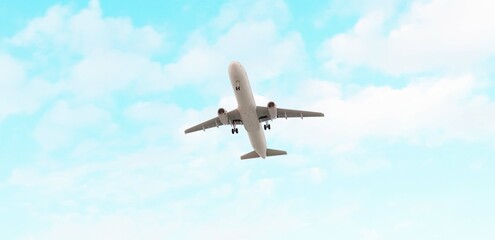 ULTRA HD. Airplane flies in blue sky. Travel, tourism. Airplane takes off against the background of blue sky.	
