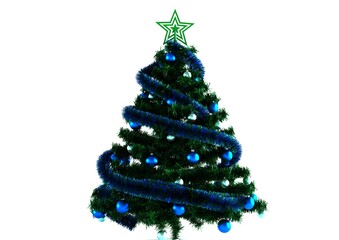 Christmas tree isolated. Traditional green christmas tree with baubles. Christmas tree decorated with star on top, pine cones, blue and gold ball, festive party ornament on white background.	

