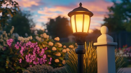 Illuminated garden lamp post at sunset, surrounded by flowers.
