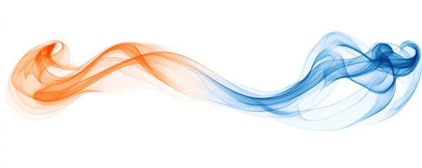 Abstract design with smooth blue, orange smoke waves. Curvy lines flow across plain white background. Modern abstract art. Digital design elements for tech eco concepts. Excellent for posters,