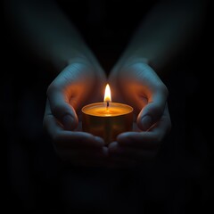 Hands hold small lit candle. Warm glow in dark. Symbol of hope. Spiritual moment. Focus on light. Simple, peaceful. Emotional image. Represents faith, prayer. Night scene. Candlelight illuminates.