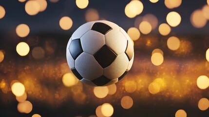 Naklejka premium Soccer ball in golden bokeh lights.