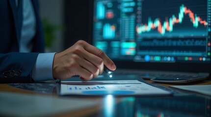 Fototapeta premium Banking Business, Finance And Investment Concept. Businessman Analyzing Market Data, Financial Graph Report, Economic Growth, Business Strategy, Planning And Solution, Risk Management