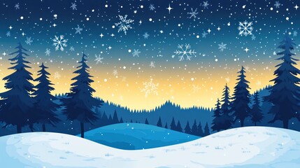 Naklejka premium Snowy winter landscape with pine trees, hills, and falling snowflakes under a starry night sky.