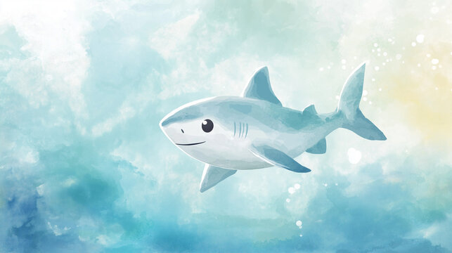 Cute baby shark smiling underwater in blue ocean background, playful concept