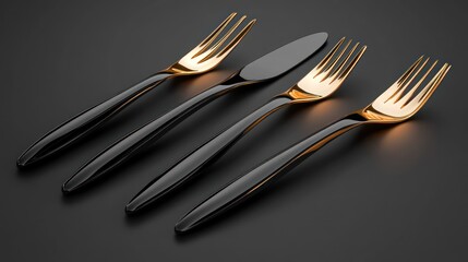 Elegant black and gold cutlery set on dark background.
