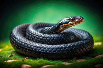 Obraz premium A coiled black Iberian snake, a vintage photo, stark against a dark green backdrop.