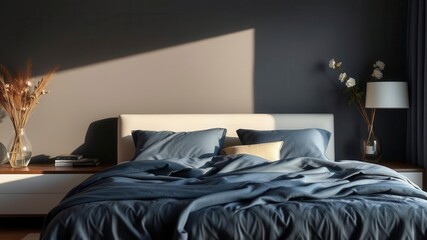 Flowers in vase on bedside table next to king size bed with navy blue bedding, flowers, king size bed