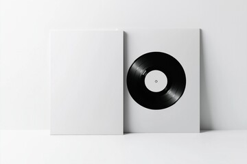 Blank vinyl album cover with black record on white background. Empty space for design. Mockup for music presentation. Simple, clean aesthetic. Great for branding, advertising. Suitable for various