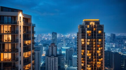 A modern, luxurious apartment on the top floor of a high-rise condo building, illuminated with spotlights, real estate, high-rise, apartment