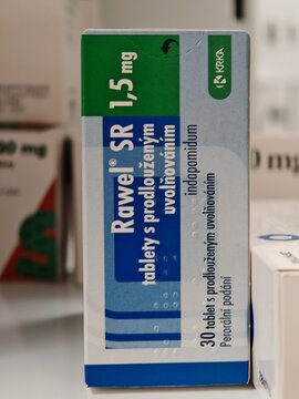 Prague,Czech Republic-January 8 2025: RAWEL box of medication with INDAPAMIDE active substance by SERVIER,used for treatment of hypertension,water retention	
