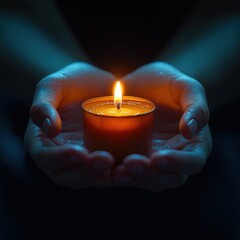 Cupped hands hold flickering candle in dark. Candlelight illuminates hands and space. Represents faith and hope. Peaceful moment. Hands warm. Candle symbol. Night scene.