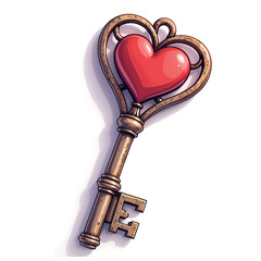 A whimsical red heart shaped key with intricate designs illustrating love and adventure, digital illustration of symbolism concept.