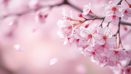 Obraz premium Pink sakura petals gently falling in the background, creating an ethereal and romantic atmosphere, serene, falling