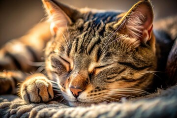 A fluffy kitten naps peacefully, a high-depth-of-field close-up capturing its adorable slumber.