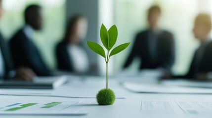 Business team reviews eco-friendly investment reports in meeting room. Focus on green investments, future growth. Reports on table. Small green plant stands in center of documents. Team likely