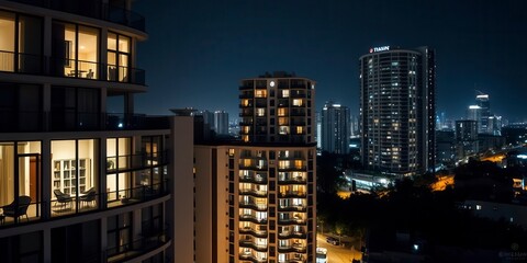 A high-rise condo building with one brightly illuminated apartment standing out among the rest, apartment, real estate
