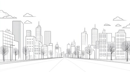 Fototapeta premium Urban street scene in city. Tall buildings line street. Trees planted along street. Simple line drawing style. Black, white illustration. Modern city design. Urban landscape. City street.