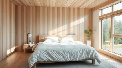 Clean and minimalist Scandinavian bedroom with a spacious king size bed, clean, peaceful