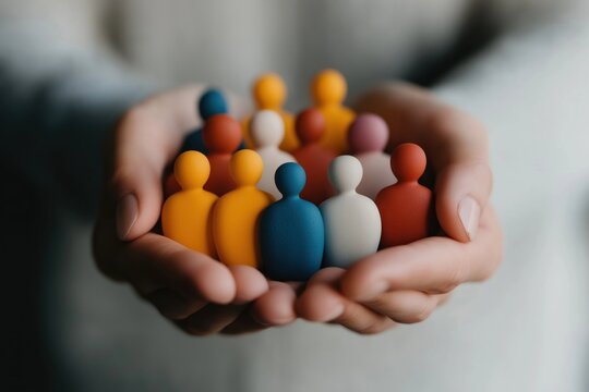 Hands hold colorful figures representing unity, diversity. Diverse people symbolize inclusion, community. Close-up view shows group of small stylized figures in various colors. Powerful image of
