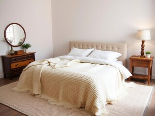 Cozy cream colored woolen blanket on king size bed in bright bedroom, decor, cozy, bedroom