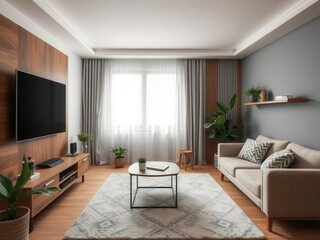 Fototapeta premium Cozy wooden living room with TV set and comfortable sofa, cozy atmosphere, relaxation