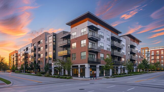 Modern Brick Apartment Buildings at Sunset, Urban Residential Complex