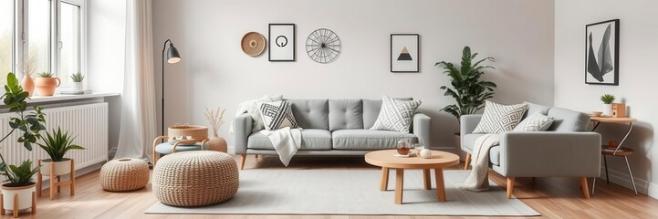 Grey and mint lamps above pouf and corner sofa with pillows in blue interior with posters on the wall, relaxation area, comfort