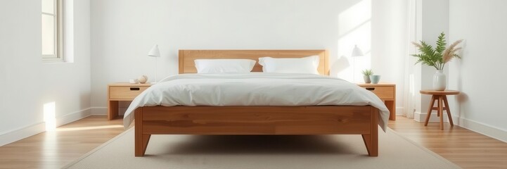 King size bed with white linen and wooden frame in a minimalist Scandinavian bedroom, king size bed, furniture, light