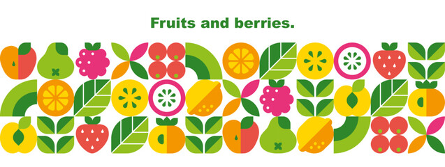 Fruits, berries, leaves and slices.Abstract geometric background. Banner template. Set of vector icons in simple flat style. Seamless border. Isolated elements. 