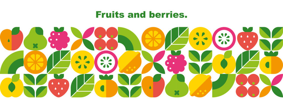 Fruits, berries, leaves and slices.Abstract geometric background. Banner template. Set of vector icons in simple flat style. Seamless border. Isolated elements. 