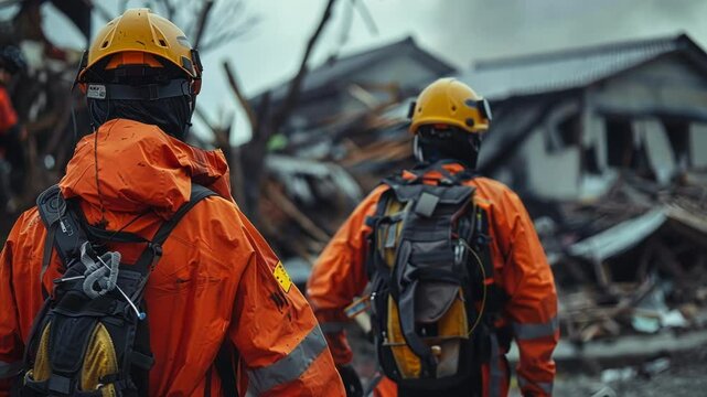 Two rescue workers wearing orange protective gear and helmets are walking through a disaster zone. Assessing the damage after a natural disaster. With debris and destroyed buildings in the background