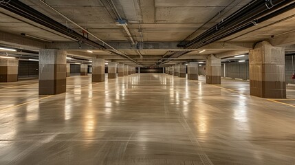 Naklejka premium Empty, modern underground parking garage with polished concrete floor and columns.