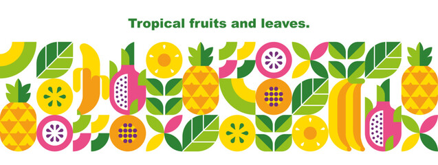 Tropical fruits, leaves and slices.Abstract geometric background. Banner template. Set of vector icons in simple flat style. Seamless border. Isolated elements. 