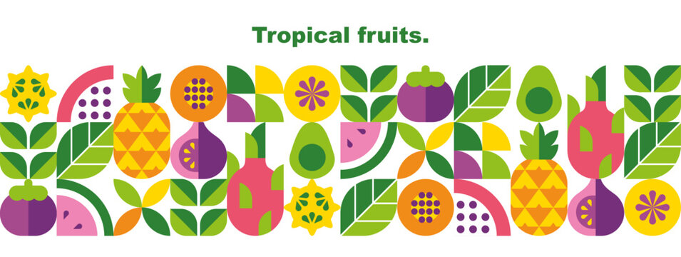 Tropical fruits, leaves and slices.Abstract geometric background. Banner template. Set of vector icons in simple flat style. Seamless border. Isolated elements. 